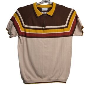 Knit Polo Shirt Men’s 2XL Retro Striped Brown Beige Yellow 100% Cotton